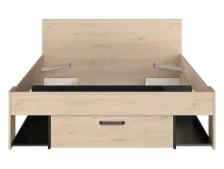 Vente-unique Lit 140 x 190/200 cm avec tête de lit et rangements - Coloris : Naturel et noir - KINSELIA