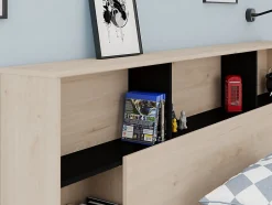 Vente-unique Lit 140 x 190/200 cm avec tête de lit et rangements - Coloris : Naturel et noir - KINSELIA