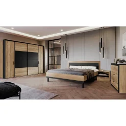 Meubletmoi Lit 160 x 200 cm avec tête de lit décor bois chêne et noir - KAMILA