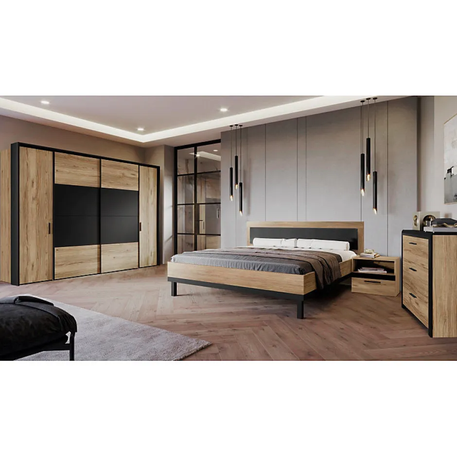 Meubletmoi Lit 160 x 200 cm avec tête de lit décor bois chêne et noir - KAMILA