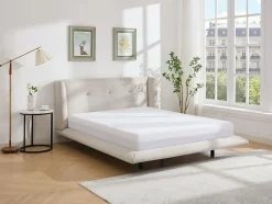 Vente-unique Lit 140 x 190 cm avec tête de lit capitonnée - Tissu - Beige - PENAVI Sale