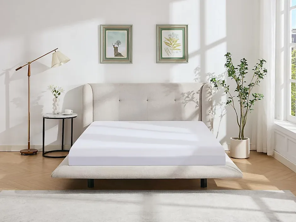 Vente-unique Lit 140 x 190 cm avec tête de lit capitonnée - Tissu - Beige - PENAVI Sale