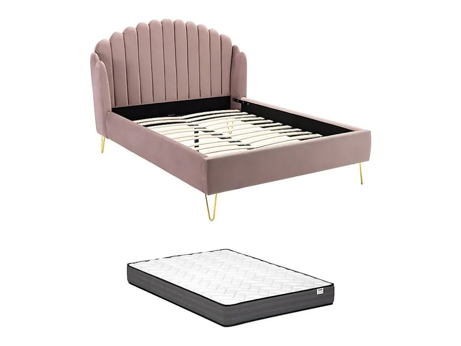 Vente-unique Lit 140 x 190 cm avec tête de lit ondulée - Velours - Vieux rose + Matelas - SAGALI Sale