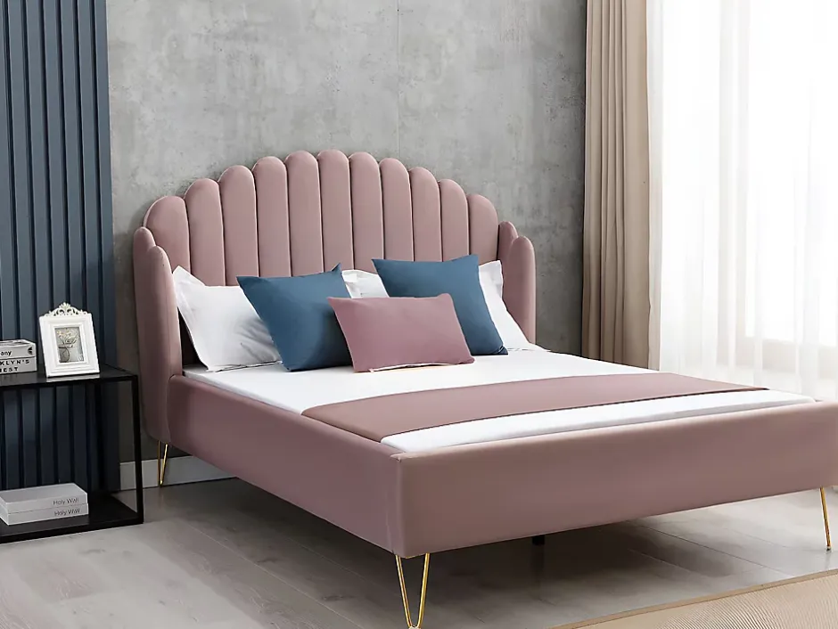 Vente-unique Lit 140 x 190 cm avec tête de lit ondulée - Velours - Vieux rose + Matelas - SAGALI Sale