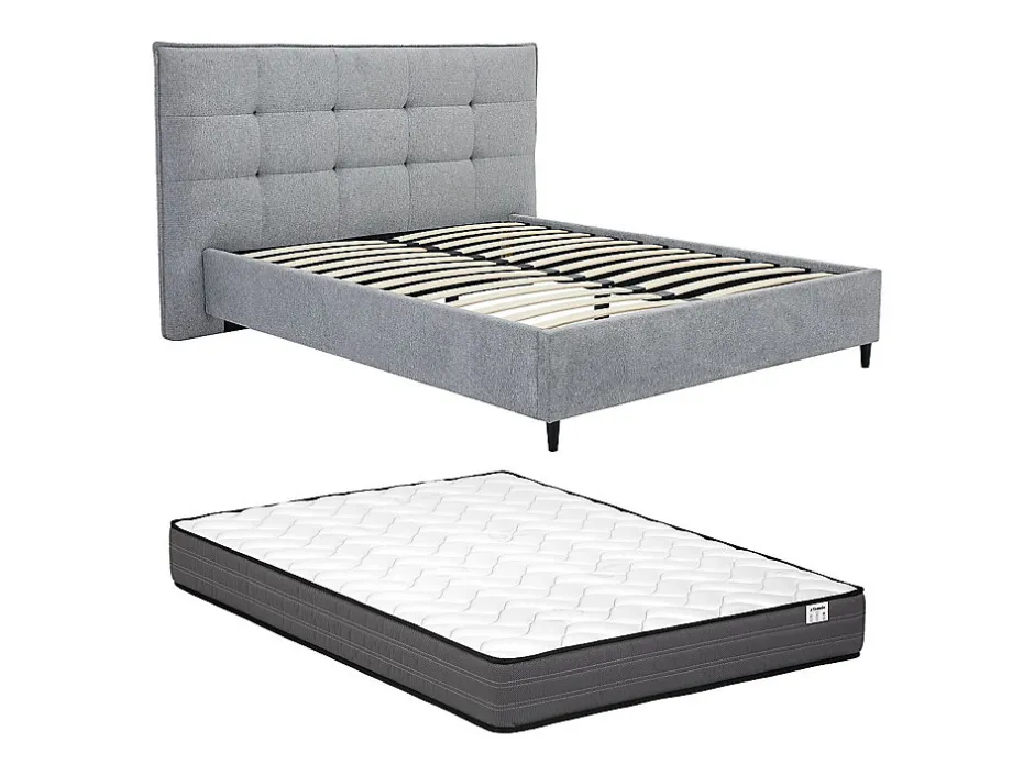 Vente-unique Lit 180 x 200 cm avec tête de lit capitonnée - Tissu - Gris + Matelas - NIRPIO
