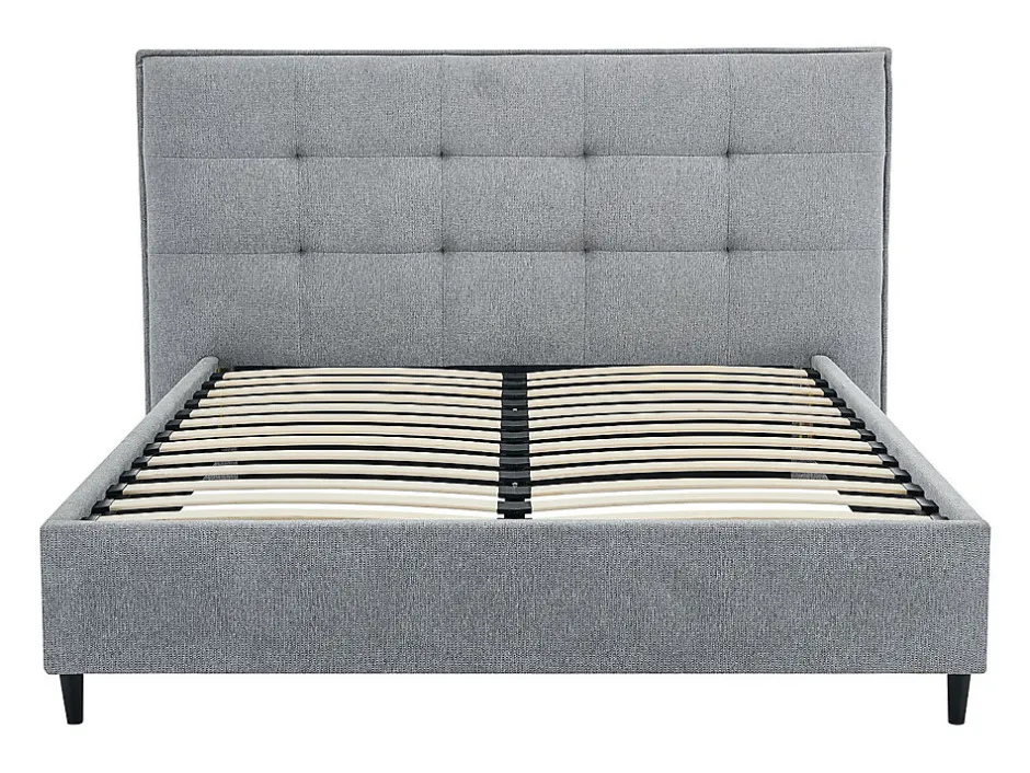 Vente-unique Lit 180 x 200 cm avec tête de lit capitonnée - Tissu - Gris + Matelas - NIRPIO