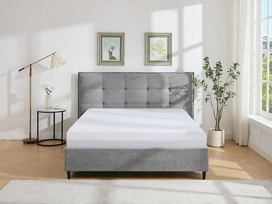 Vente-unique Lit 180 x 200 cm avec tête de lit capitonnée - Tissu - Gris + Matelas - NIRPIO