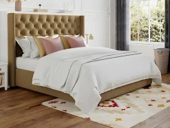 Vente-unique Lit 180 x 200 cm avec tête de lit capitonnée - Tissu - Beige + Matelas - MASSIMO II Sale