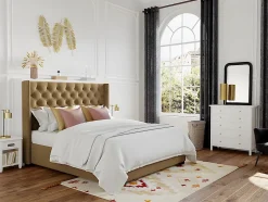 Vente-unique Lit 180 x 200 cm avec tête de lit capitonnée - Tissu - Beige + Matelas - MASSIMO II Sale