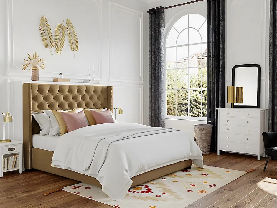 Vente-unique Lit 180 x 200 cm avec tête de lit capitonnée - Tissu - Beige + Matelas - MASSIMO II Sale