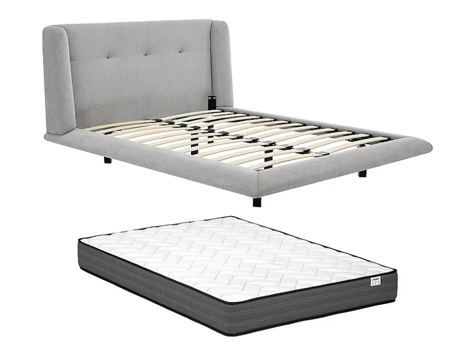 Vente-unique Lit 160 x 200 cm avec tête de lit capitonnée - Tissu - Gris clair + Matelas - PENAVI Discount