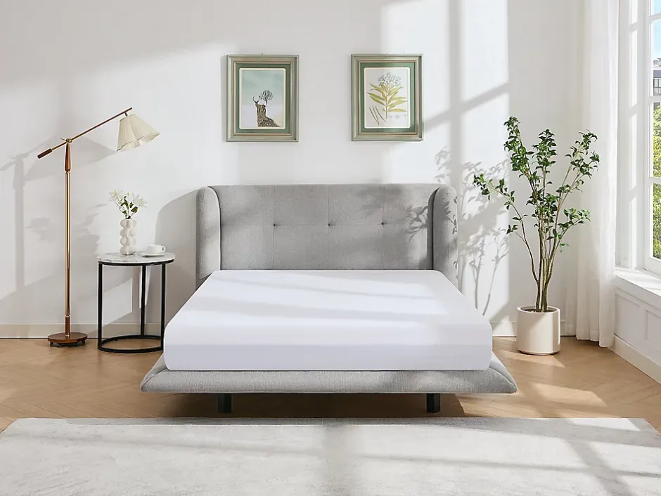Vente-unique Lit 160 x 200 cm avec tête de lit capitonnée - Tissu - Gris clair + Matelas - PENAVI Discount