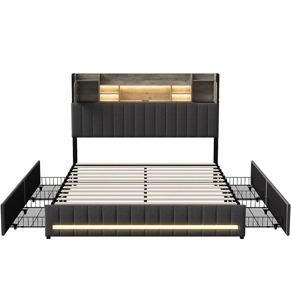 Simple Life Lit 140 x 190 cm avec tête de lit LED et USB, 4 tiroirs de rangement, sommier à lattes, lin, gris Hot