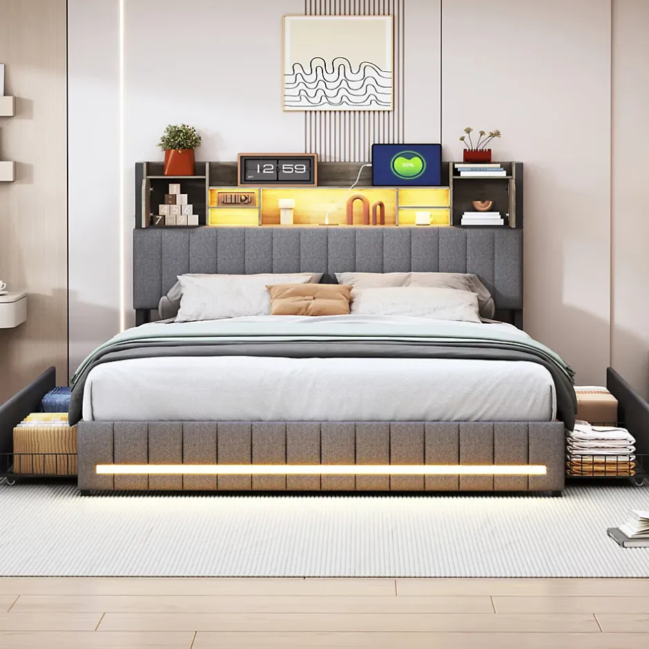 Simple Life Lit 140 x 190 cm avec tête de lit LED et USB, 4 tiroirs de rangement, sommier à lattes, lin, gris Hot