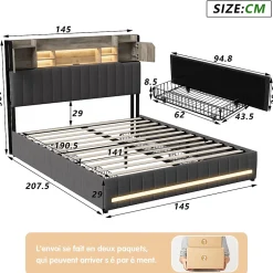 Simple Life Lit 140 x 190 cm avec tête de lit LED et USB, 4 tiroirs de rangement, sommier à lattes, lin, gris Hot