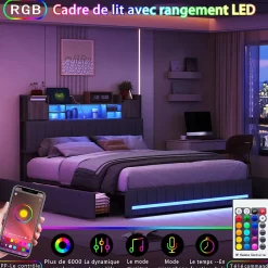 Simple Life Lit 140 x 190 cm avec tête de lit LED et USB, 4 tiroirs de rangement, sommier à lattes, lin, gris Hot