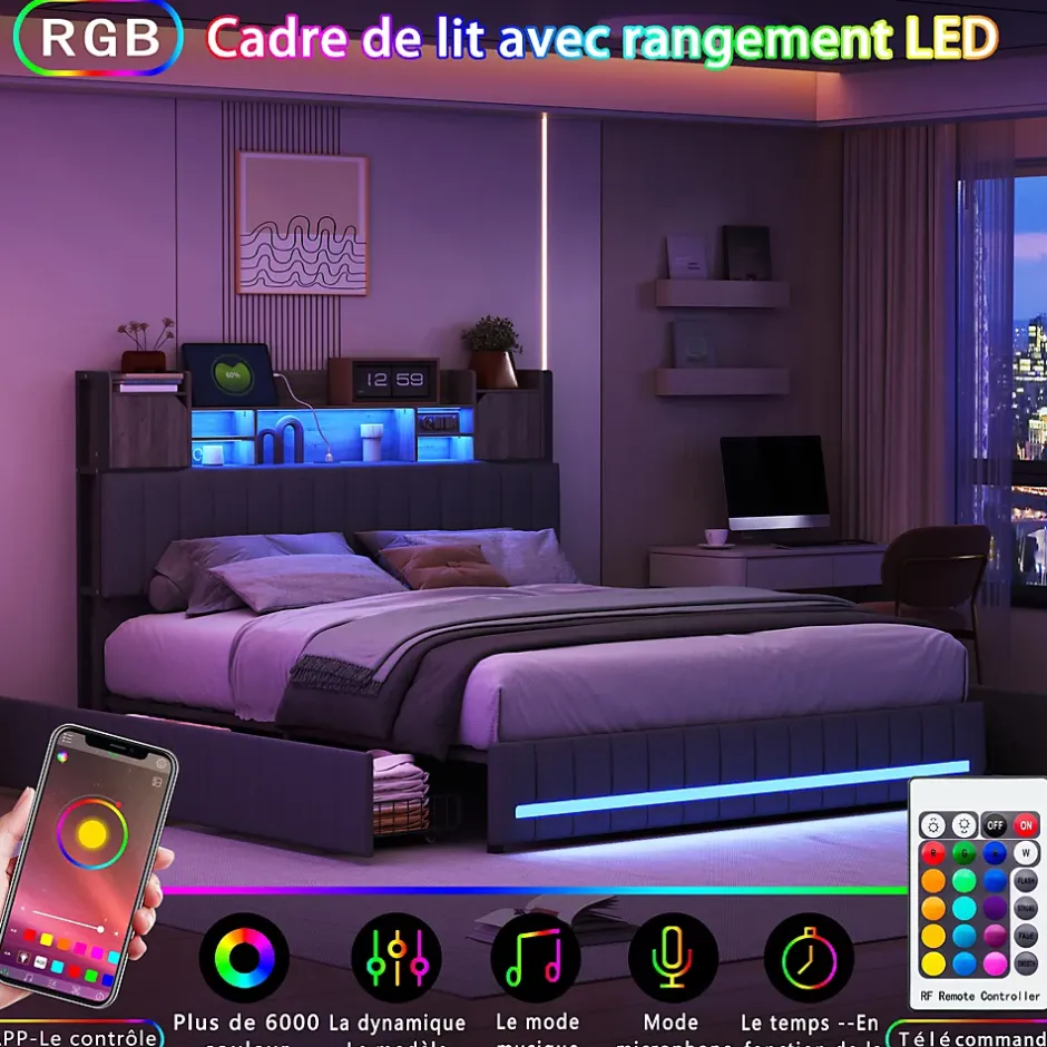 Simple Life Lit 140 x 190 cm avec tête de lit LED et USB, 4 tiroirs de rangement, sommier à lattes, lin, gris Hot
