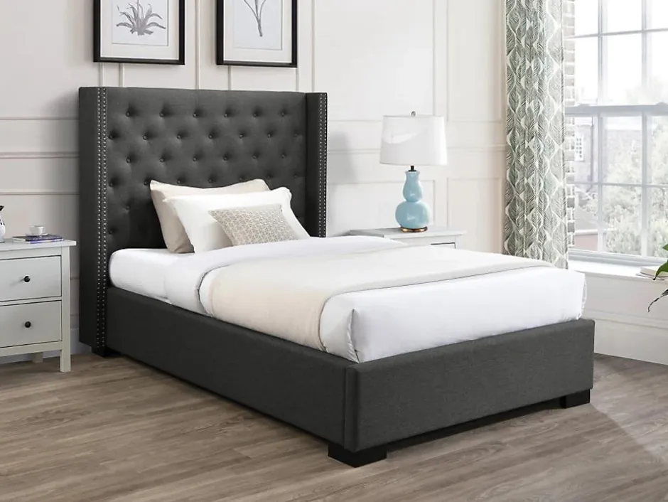 Vente-unique Lit 120 x 200 cm avec tête de lit capitonnée - Tissu - Gris - MASSIMO Online