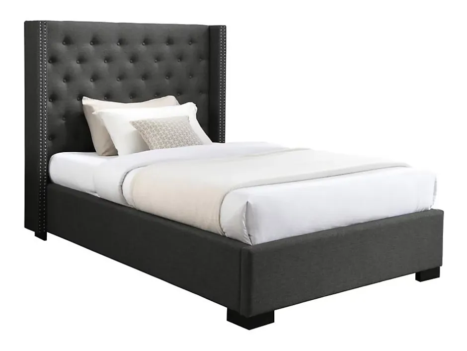 Vente-unique Lit 120 x 200 cm avec tête de lit capitonnée - Tissu - Gris - MASSIMO Online