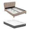 Vente-unique Lit 160 x 200 cm avec tête de lit capitonnée - Tissu - Beige + Matelas - ELIDE