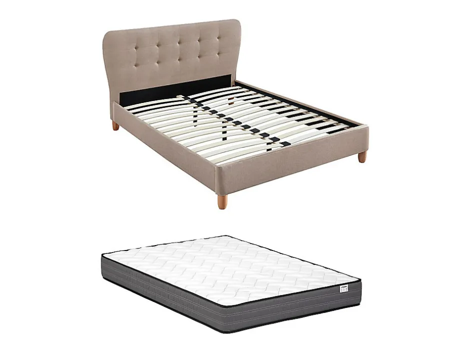Vente-unique Lit 160 x 200 cm avec tête de lit capitonnée - Tissu - Beige + Matelas - ELIDE