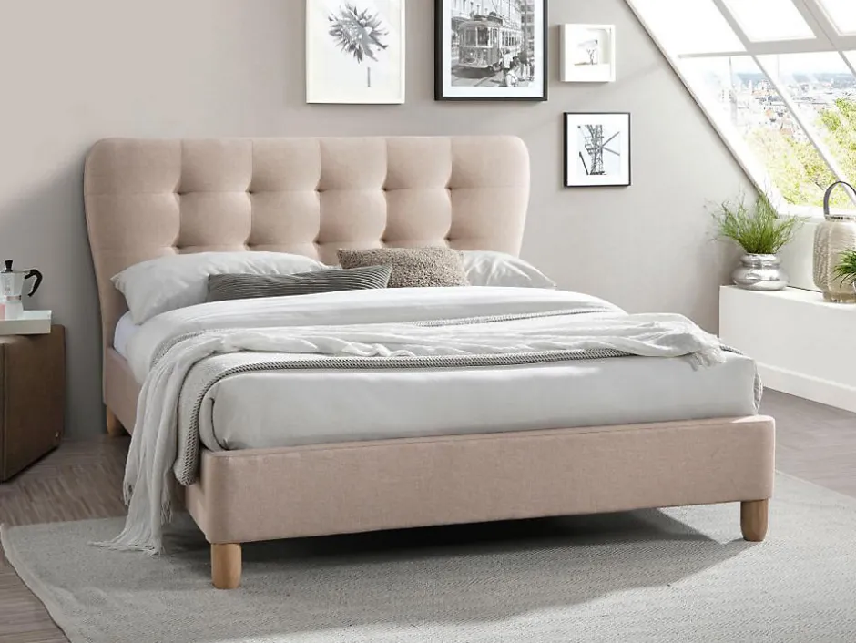 Vente-unique Lit 160 x 200 cm avec tête de lit capitonnée - Tissu - Beige + Matelas - ELIDE