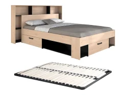 Vente-unique Lit 140 x 190/200 cm avec tête de lit et rangements - Coloris : Naturel et noir + Sommier - KINSELIA