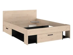 Vente-unique Lit 140 x 190/200 cm avec tête de lit et rangements - Coloris : Naturel et noir + Sommier - KINSELIA