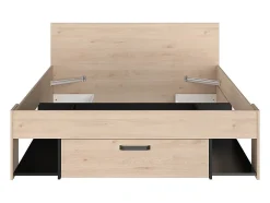 Vente-unique Lit 140 x 190/200 cm avec tête de lit et rangements - Coloris : Naturel et noir + Sommier - KINSELIA