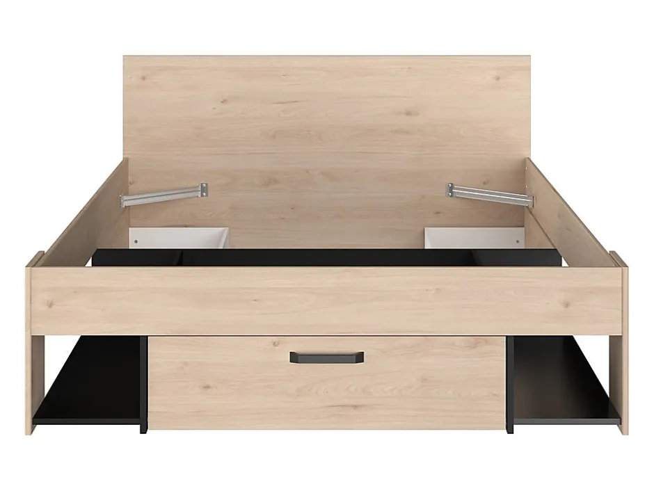 Vente-unique Lit 140 x 190/200 cm avec tête de lit et rangements - Coloris : Naturel et noir + Sommier - KINSELIA