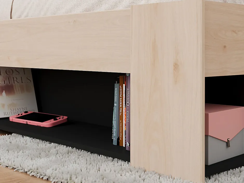 Vente-unique Lit 140 x 190/200 cm avec tête de lit et rangements - Coloris : Naturel et noir + Sommier - KINSELIA