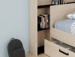 Vente-unique Lit 140 x 190/200 cm avec tête de lit et rangements - Coloris : Naturel et noir + Sommier - KINSELIA