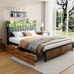 ProximaX Lit 180 x 200 cm avec tête de lit, 4 tiroirs, LED et station de charge - noir