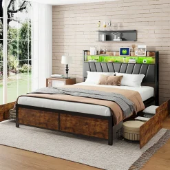 ProximaX Lit 180 x 200 cm avec tête de lit, 4 tiroirs, LED et station de charge - noir
