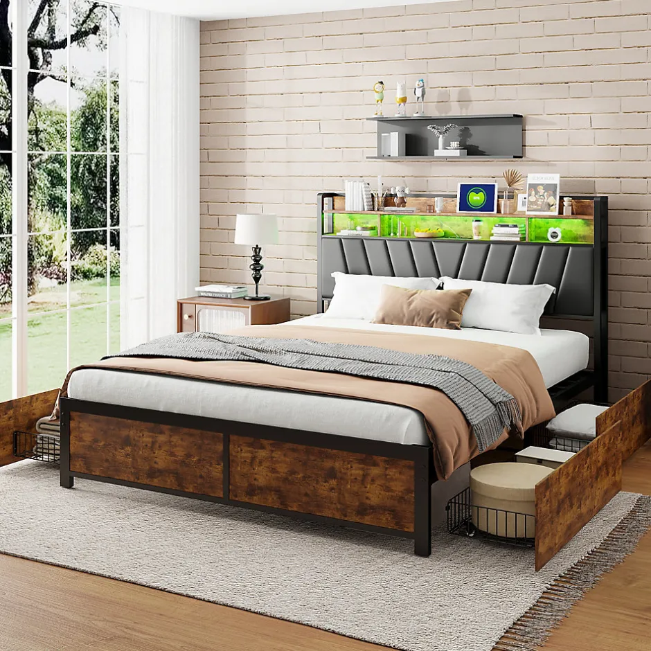 ProximaX Lit 180 x 200 cm avec tête de lit, 4 tiroirs, LED et station de charge - noir