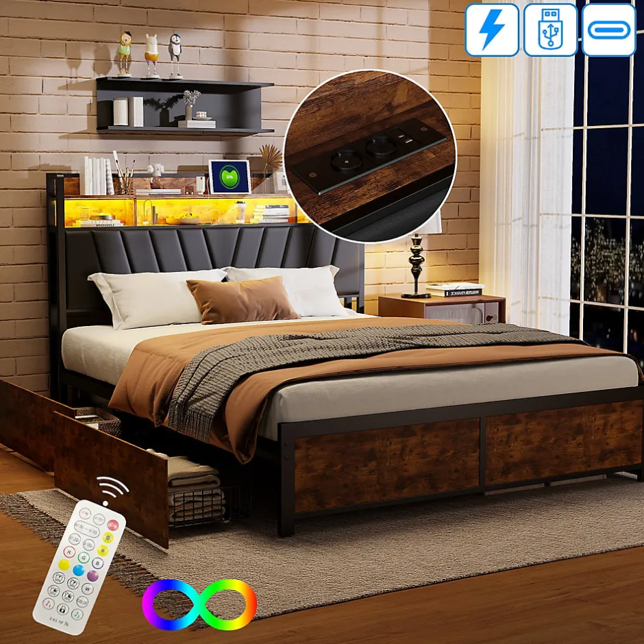ProximaX Lit 180 x 200 cm avec tête de lit, 4 tiroirs, LED et station de charge - noir