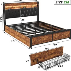 ProximaX Lit 180 x 200 cm avec tête de lit, 4 tiroirs, LED et station de charge - noir