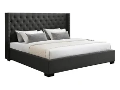 Vente-unique Lit 200 x 200 cm avec tête de lit capitonnée - Tissu - Gris - MASSIMO