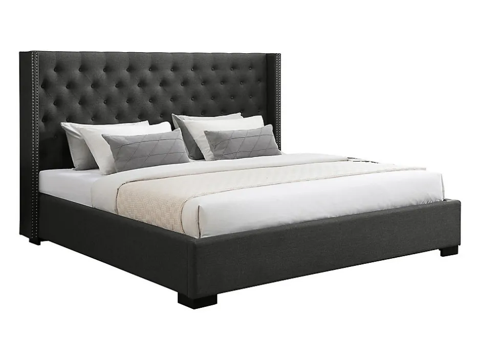 Vente-unique Lit 200 x 200 cm avec tête de lit capitonnée - Tissu - Gris - MASSIMO