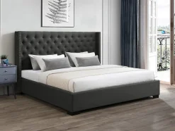 Vente-unique Lit 200 x 200 cm avec tête de lit capitonnée - Tissu - Gris - MASSIMO