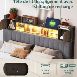 Simple Life Lit 160 x 200 cm avec tête de lit LED et USB, 4 tiroirs de rangement, sommier à lattes, lin, gris Sale