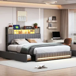 Simple Life Lit 160 x 200 cm avec tête de lit LED et USB, 4 tiroirs de rangement, sommier à lattes, lin, gris Sale