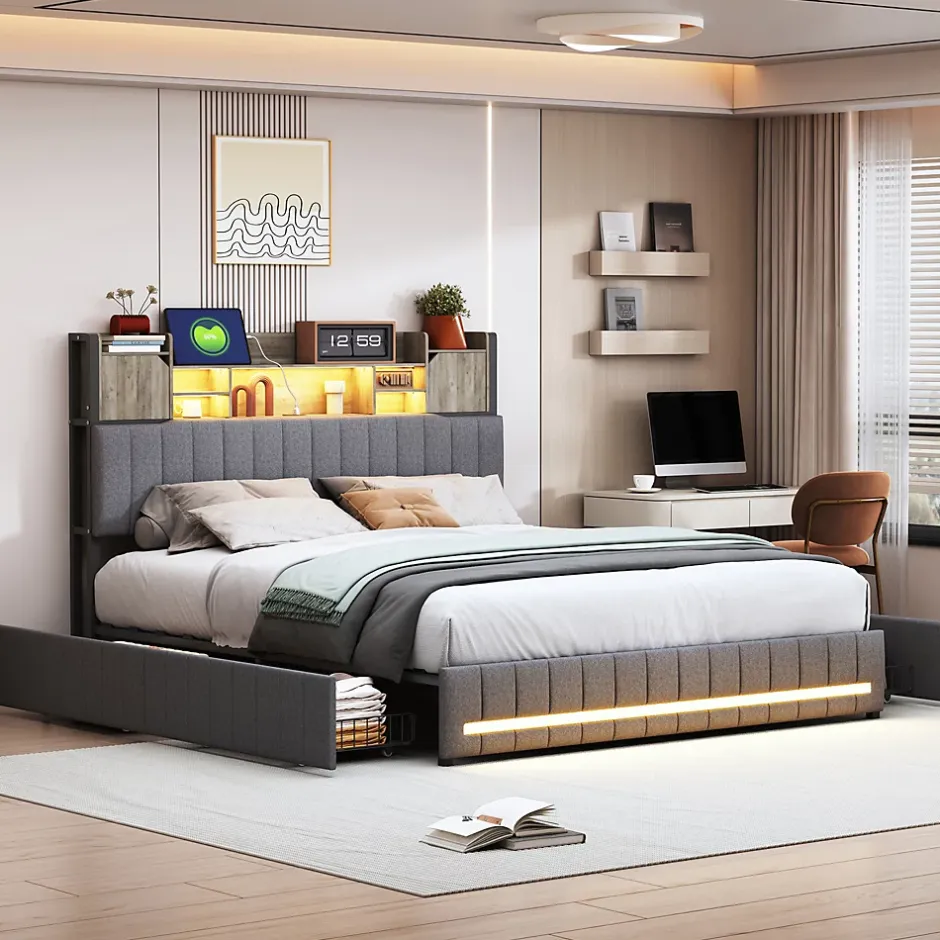 Simple Life Lit 160 x 200 cm avec tête de lit LED et USB, 4 tiroirs de rangement, sommier à lattes, lin, gris Sale