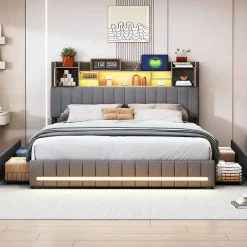 Simple Life Lit 160 x 200 cm avec tête de lit LED et USB, 4 tiroirs de rangement, sommier à lattes, lin, gris Sale