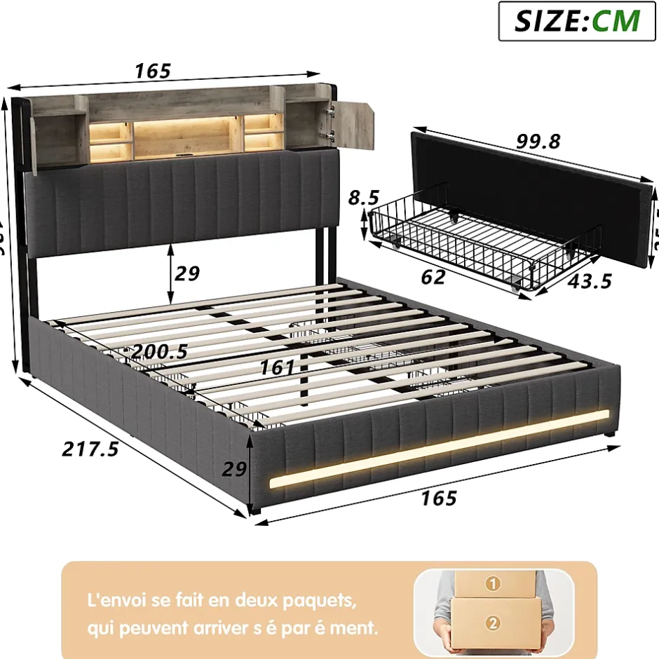Simple Life Lit 160 x 200 cm avec tête de lit LED et USB, 4 tiroirs de rangement, sommier à lattes, lin, gris Sale
