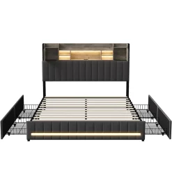 Simple Life Lit 160 x 200 cm avec tête de lit LED et USB, 4 tiroirs de rangement, sommier à lattes, lin, gris Sale
