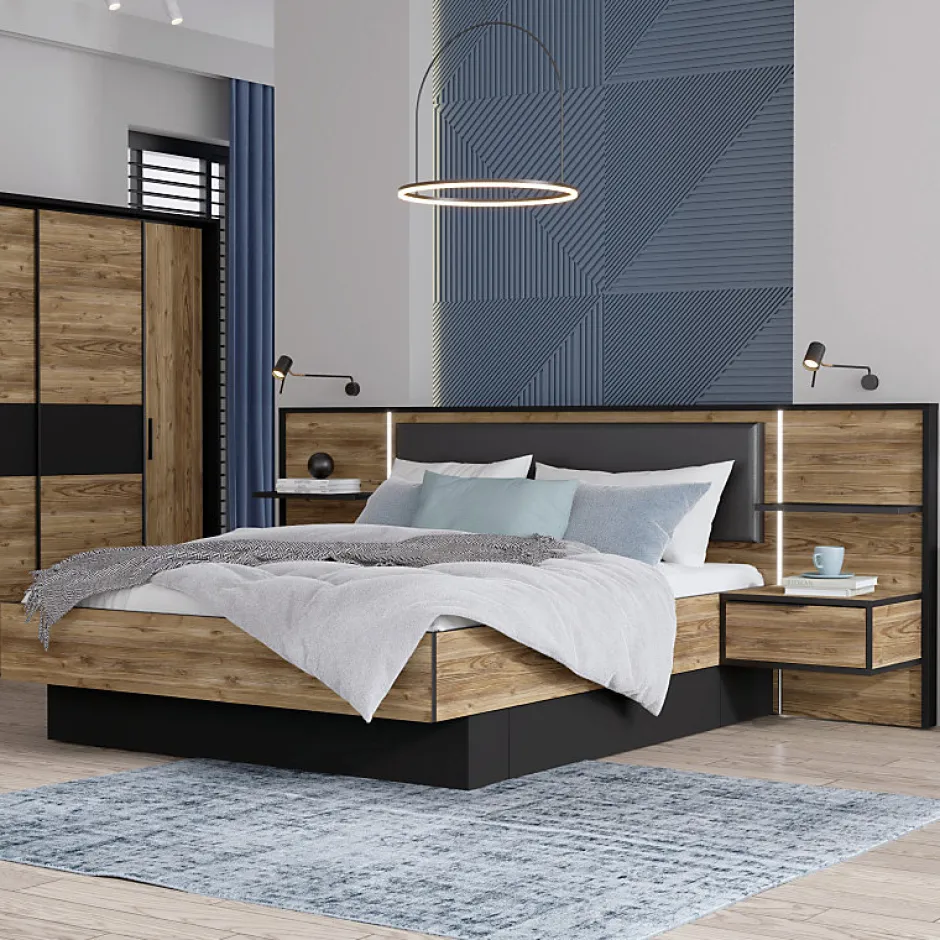 Meubletmoi Lit 160 x 200 cm décor bois épicéa et noir avec éclairage LED - CELIA