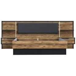 Meubletmoi Lit 160 x 200 cm décor bois épicéa et noir avec éclairage LED - CELIA