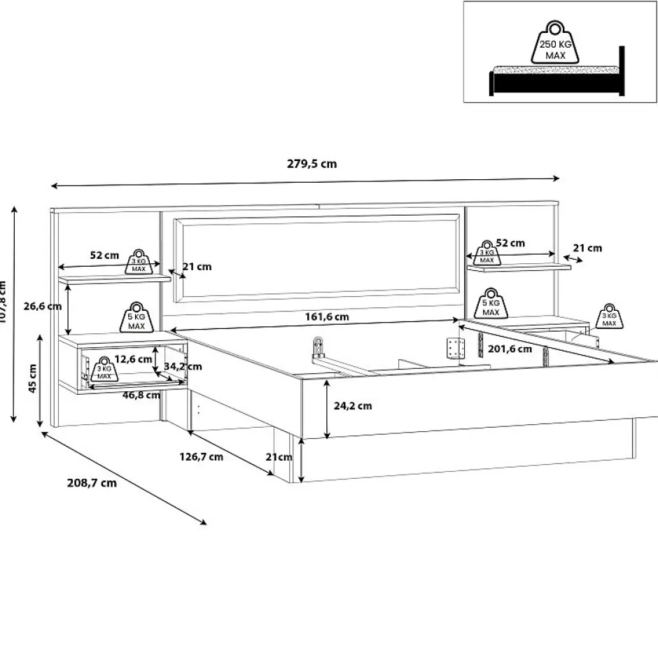Meubletmoi Lit 160 x 200 cm décor bois épicéa et noir avec éclairage LED - CELIA