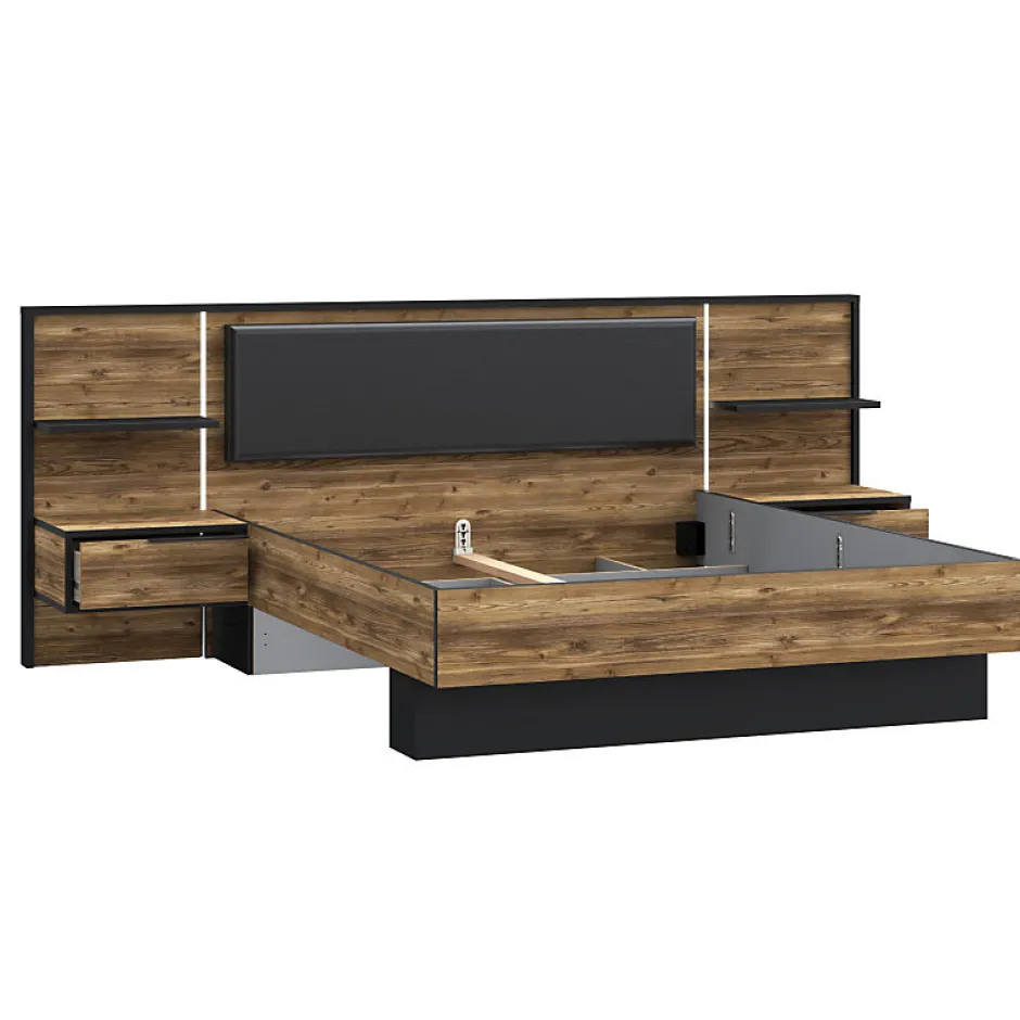 Meubletmoi Lit 160 x 200 cm décor bois épicéa et noir avec éclairage LED - CELIA